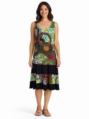 Joseph Ribkoff Midi Dress Multicolour Sleeveless Artsy Tiered Ruffle. Sz 14